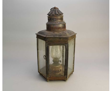 A late19th century painted metal lantern, by 'Sherwoods Ltd, Birmingham', with a stepped, pierced cylindrical chimney and gla