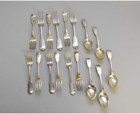 A collection of Fiddle pattern silver flatware, John James Whiting, London 1850 &amp; 1851, comprising six table forks, six d