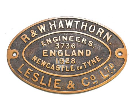 A cast brass R &amp; W Hawthorn, Leslie &amp; Co. engine maker's locomotive number plate, number 3736, dated 1928, 33cm wide 