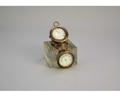 A silver mounted combination desk timepiece, ink well and barometer, John Grinsell &amp; Sons, Birmingham 1909, the cubed gla