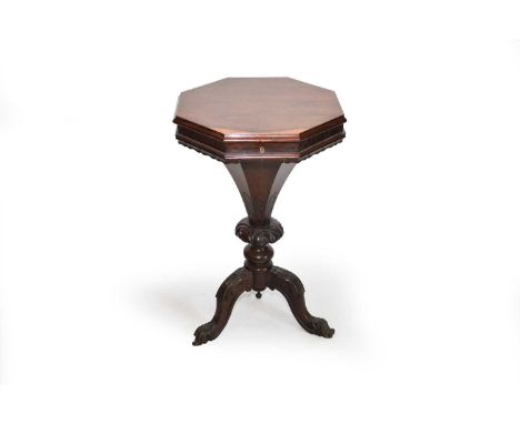 A Victorian rosewood veneered trumpet-form work table, with an octagonal top and tripod base, some damage, 45cm wide x 72cm h