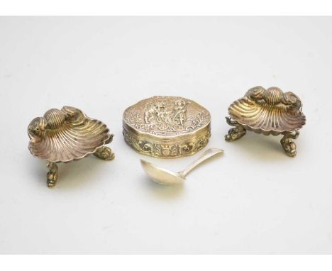 A George III silver caddy spoon, William Eley &amp; William Fearn, London 1803, together with a pair of Victorian shell form 