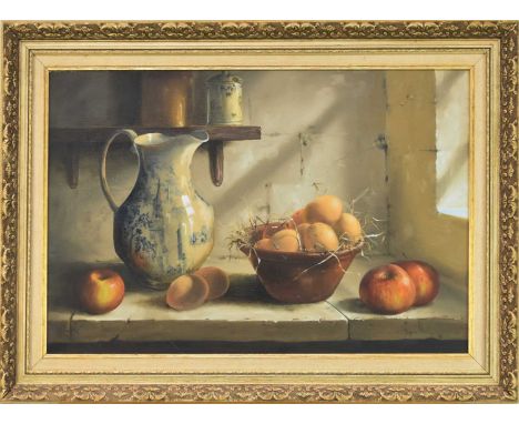 Mary Dipnall (British b.1936) Still Life of Eggs and Apples with a Water Pitcher, signed bottom right, oil on canvas, measure