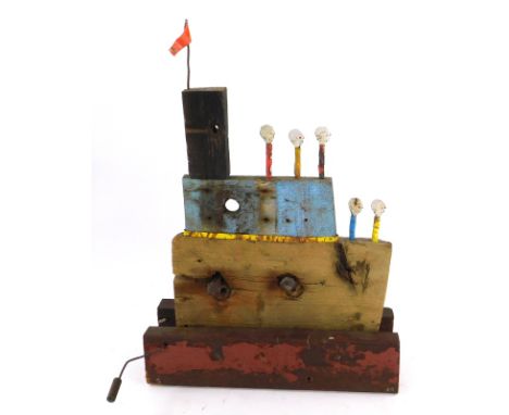 K. Wyatt Smith (20thC). Boat, wooden sculpture with winding handle, signed and dated June (19)94, 43.5cm high.
