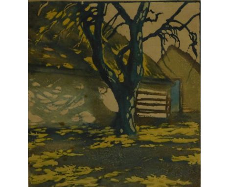 Bi Papp; Farm Gate, coloured screen print, indistinctly signed and titled, 27cm x 22cm.