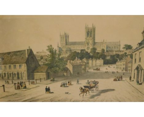 19thC School. Lincoln Cathedral - south view from Broadgate, colour print published by Edward R Counsins, Lincoln, 26cm x 34.
