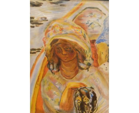 After Pierre Bonnard. Lady with dog, coloured lithographic print, 35cm x 25cm, plus four other prints (5).