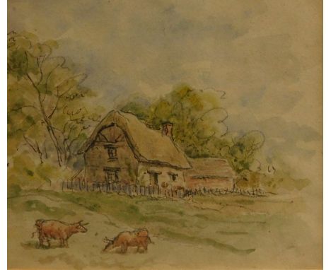 19thC School. Farm scene, watercolour, 11cm x 12.5cm and a pastel study (2).