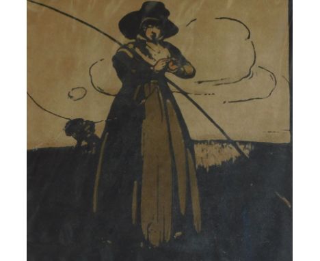 William Newzam Prior Nicholson (1872-1949). Fishing - from an Almanac of Sport, woodblock print, 20cm x 20cm plus other print