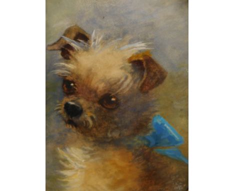 19thC School. Portrait of a dog with blue ribbon, watercolour, 21cm x 17cm, and an artist signed print, Ros Goody (2).
