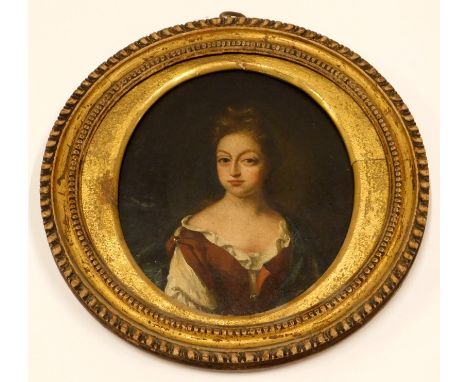18thC School. Portrait of a lady, quarter profile, oil on canvas, unsigned, 21cm x 16cm.