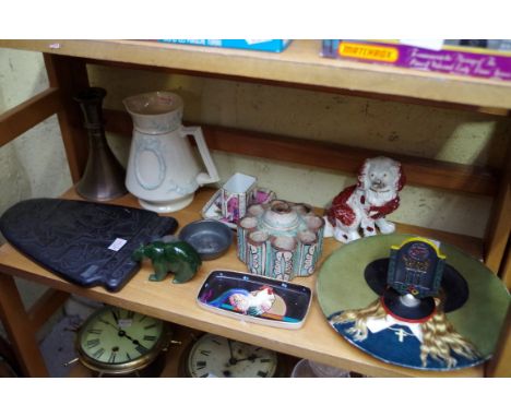 A mixed lot, to include a Belleek jug; a bell metal candlestick; a jade bear; tin glazed tulip vase etc. 