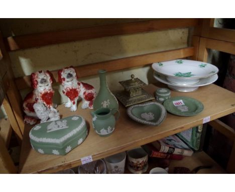 A mixed lot, to include a pair of Victorian Staffordshire pottery dogs; a brass inkwell; Royal Commemoratives; books and a no