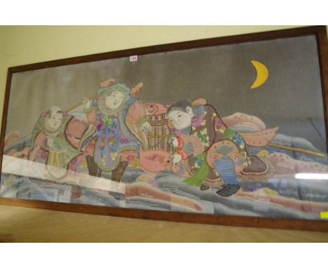 A large Chinese embroidered and appliqued panel,&nbsp;59 x 131cm.&nbsp; 