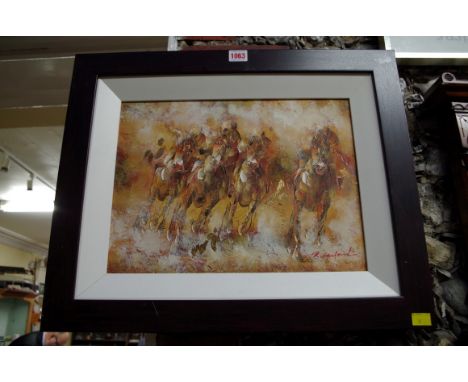 R Sanford,&nbsp;a horse race, signed, oil on canvas, 28.5 x 39cm. 