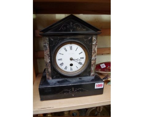 A Victorian slate and marble mantel clock, 27cm high.&nbsp; 