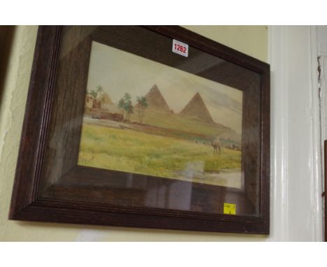 K M Clayton,&nbsp;a figure on a camel near pyramids, signed,&nbsp;watercolour, 17.5 x 29.5cm.&nbsp;&nbsp; 