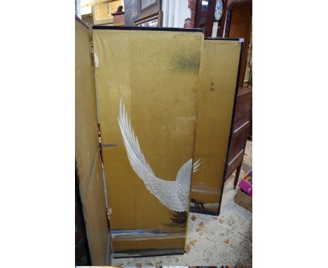 A chinoiserie four-fold screen, painted with a crane against a gilt ground, each panel 162 x 55cm.&nbsp; 