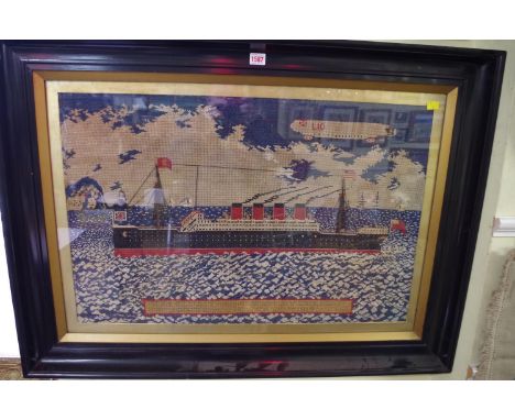 An interesting World War I period woolwork panel of The Lusitania and L10 airship,&nbsp;inscribed 'RMS Lusitania, sunk by Ger