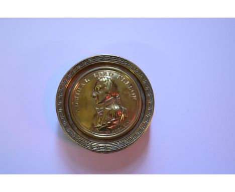 A 19th century Admiral Lord Nelson commemorative brass circular snuff box and cover,&nbsp;7.5cm diameter.&nbsp; 