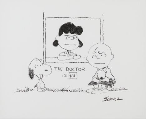 Charles Schulz (American, 1922-2000). Original ink on paper drawing depicting Snoopy and Charlie visiting Lucy's therapy stan