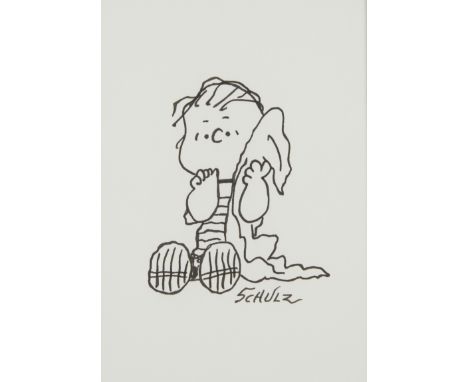 Charles Schulz (American, 1922-2000). Original ink on paper drawing of Linus with his beloved blanket. Signed along the lower