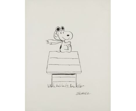 Charles Schulz (American, 1922-2000). Original ink on paper drawing depicting Snoopy as the Flying Ace atop his doghouse, ca.