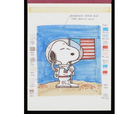 Concept artwork by Peter Lo Bianco depicting Snoopy dressed as an astronaut holding an American flag planted on the moon. Cre