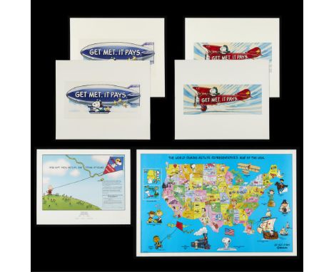 Group of six posters relating to MetLife and the Peanuts gang: one MetLife advertising campaign proposal for a free kite; one