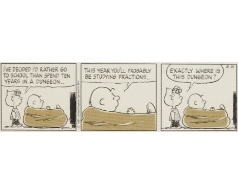 Charles Schulz (American, 1922-2000). Original three panel "Peanuts" comic strip, the daily strip for Saturday, August 31, 19