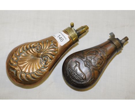 19th C brass and copper powder flask with embossed shell detail and another powder flask (2)