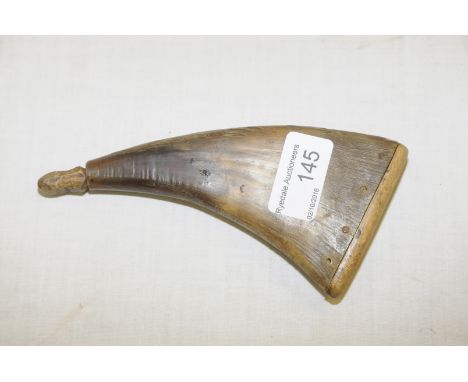 Early 19th C flattened cow horn powder flask with wooden peg stopper 