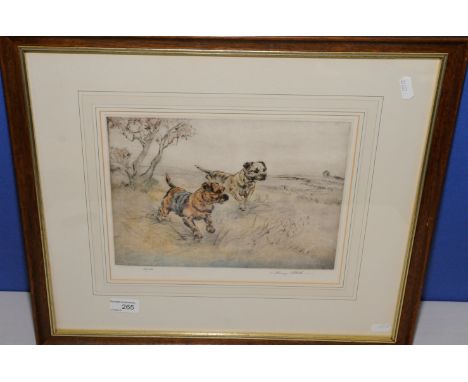 Framed coloured lithograph No. 38/150, signed by the artist Henry Wether, of a pair a border terriers 