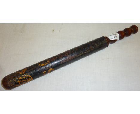 Victorian police truncheon with bobbin turned handle, the main shaft black painted with gilt lettering VR S. C. 