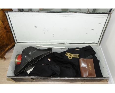 Naval officers cabin trunk named to E J Woodget, with original padlocks and folding shelf interior, with two associated naval