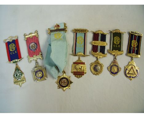Three silver gilt and enamel Buffalo RAOB Lodge Medals, three other similar medals and neck, sash and pendant 