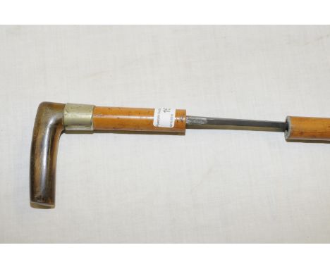 19th/20th C malacca sword cane with metal collar and horn grip with 27.5inch blade stamped Wilkinson 