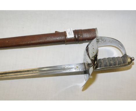 George V Infantry officers sword with 32inch single fullered blade with etched detail and George V crown cipher, marked Hawks