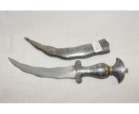 Indian Jambiya with 8inch wavy curved Damascus blade with silver inlay, complete with scabbard with overall inlaid silver Kof