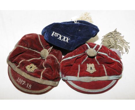 Three sporting team caps, the first of blue velvet marked First XXX rugby team cap the inside marked W. Sweet & Sons Travisto