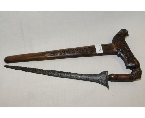 Javanese Kris with carved wooden scabbard with lion form and straight 13.5inch blade  