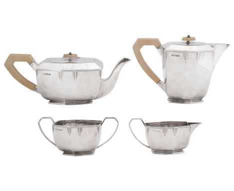 A George VI Art Deco silver and ivory four piece tea serviceSheffield, 1946, Viner's Ltdof panelled tapering rectangular form