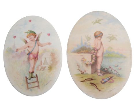 Two Minton plaques painted by Lucien Boullemier (1877-1949)unmounted, oval, one depicting Cupid juggling hearts atop a ladder