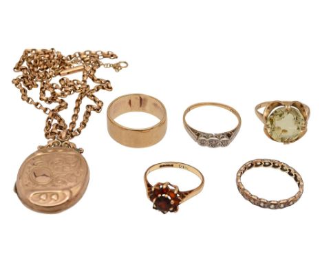 A group of jewellery including a 9ct gold band marked '9.375', a 9ct cased locket marked '9ct back &amp; front' suspended on 