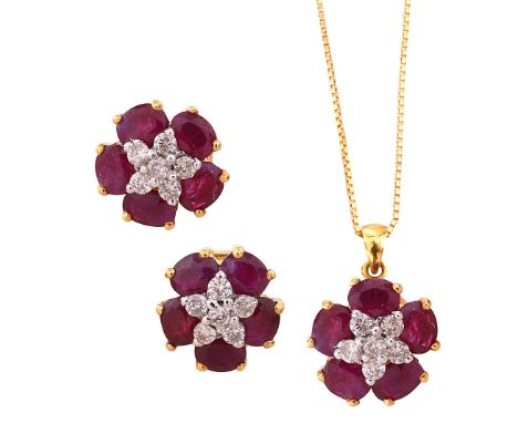 A ruby and brilliant-cut diamond-set cluster pendantstamped '750' to a box link chain stamped '375', a pair of ear studs en s