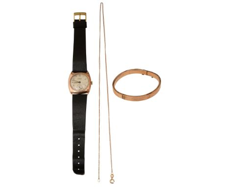 A gentleman's 9ct gold Audax wristwatch, a 9ct bangle and a chainfirst circular silver dial with black Arabic numerals, outer