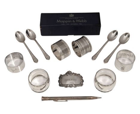 Assorted silver napkin rings and other silvervarious dated and makerscomprising a plain bellied form with bead and reel borde
