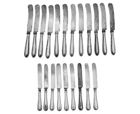 A set of early 20th century twelve German .800 silver handle table knives and nine near matching American silver handled dess