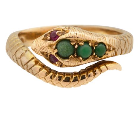 A 9ct yellow gold and gem-set snake ring the tapering textured body replicating scales with three graduated turquoise cabocho