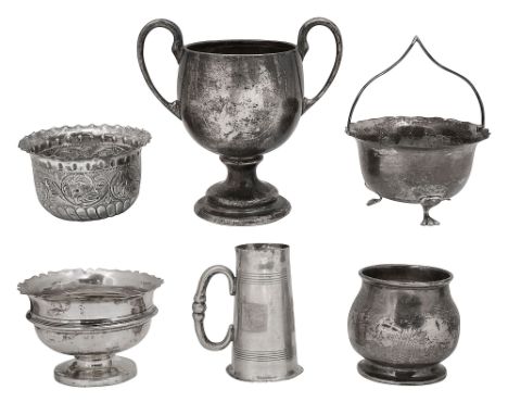 A George V silver trophy cup, four sugar bowls and a double ended spirit measure various dates, makers first Birmingham, 1913